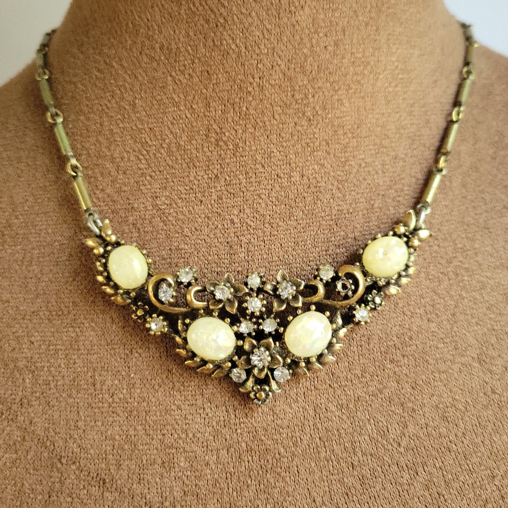 Vintage Coro Faux Opal Rhinestone Floral Choker Necklace 15 Inch Cottagecore